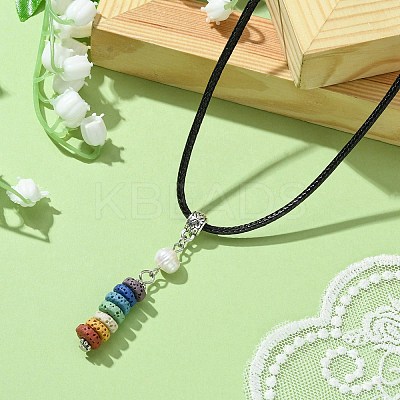 Dyed Natural Lava Rock Disc & Pearl Beaded Pendant Necklaces NJEW-JN04557-1