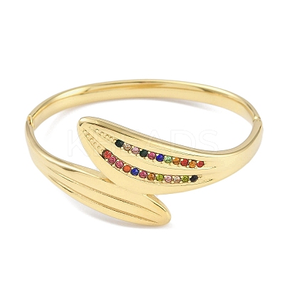 304 Stainless Steel Rhinestone Leaf Hinged Bangles for Women BJEW-C071-13G-02-1