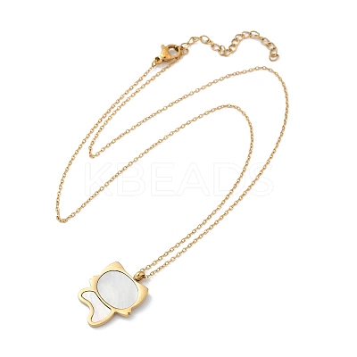 304 Stainless Steel Pave Natural White Shell Cute Cat Shaped Pendant Necklaces for Women NJEW-F339-01G-1
