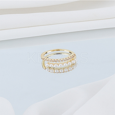 1Pc Clear Cubic Zirconia Open Cuff Ring with Acrylic Pearl Beaded RJEW-LP0008-15-1
