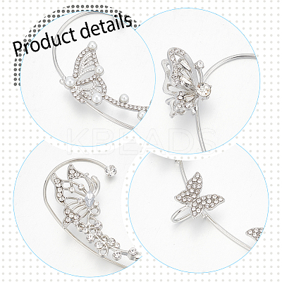 4 Pair 4 Style Butterfly Alloy Rhinestone Cuff Earrings EJEW-AN0003-81-1