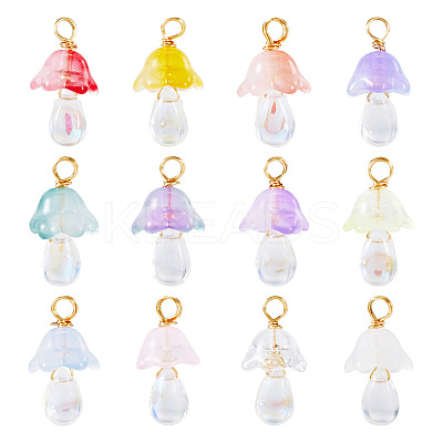 12Pcs Golden Tone Brass Wire Wrapped Mushroom Glass Pendants PALLOY-TAC0161-1