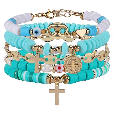 5Pcs 5 Style Handmade Polymer Clay Stretch & Brass Beaded & Alloy Link Chain Bracelets Set BJEW-SZ0001-66C-1