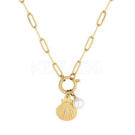 304 Stainless Steel Shell & Imitation Pearl Pendant Necklaces LS-HT9511-3-1