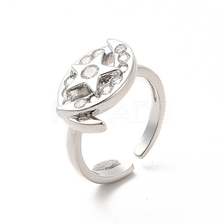 Clear Cubic Zirconia Moon & Star Open Cuff Ring RJEW-C055-03P-1