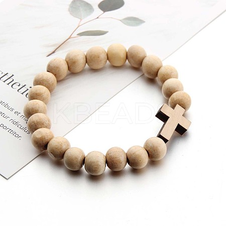Wood Cross & Round Beaded Stretch Bracelets for Men FS-WG25A82-01-1