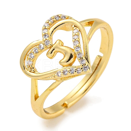 Heart with Letter Rack Plating Brass Micro Pave Clear Cubic Zirconia Adjustable Rings for Women RJEW-I105-01G-J-1