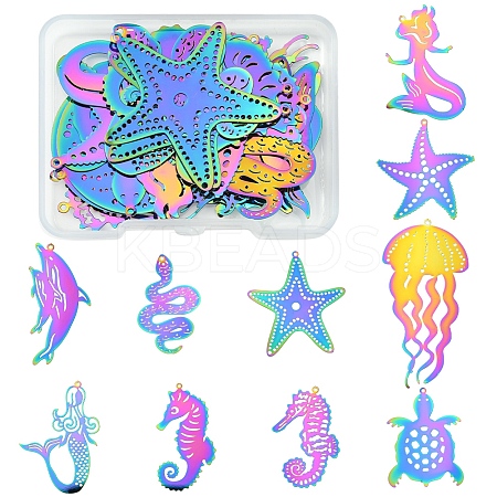 20Pcs 10 Styles Ion Plating(IP) 201 Stainless Steel Etched Metal Embellishments Pendants STAS-FS0001-52-1