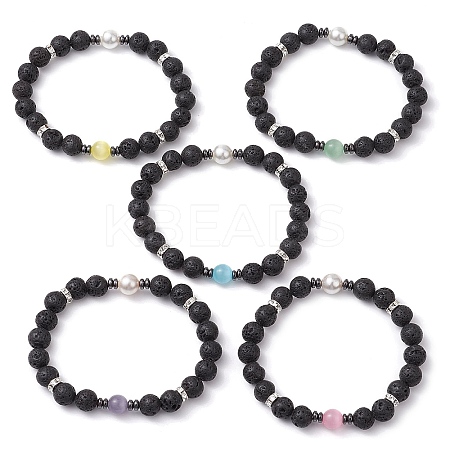Round Natural Lava Rock & Cat Eye Beads Stretch Bracelets for Women BJEW-JB10986-1