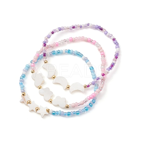 3Pcs 3 Style Star & Moon & Butterfly Shell & Seed Beaded Stretch Bracelets Set BJEW-JB09438-1