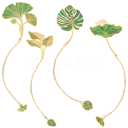 4Pcs 4 Styles Brass Leaf Pendant Bookmarks with Chain AJEW-CP0006-79-1