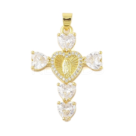 Rack Plating Brass Micro Pave Cubic Zirconia Heart Shape Virgin Mary Cross Pendant KK-S380-44F-G-1