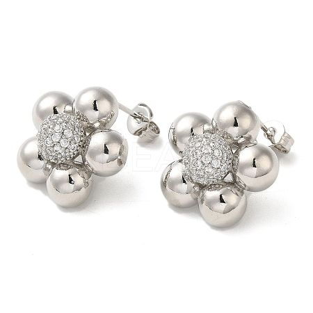Flower Rack Plating Brass Micro Pave Cubic Zirconia Stud Earrings for Women EJEW-O001-06P-1