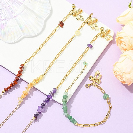 Natural Mixed Stone Chip Beads 304 Stainless Steel Paperclip Chain Bracelets with Alloy Bowknot Charms BJEW-JB14187-1