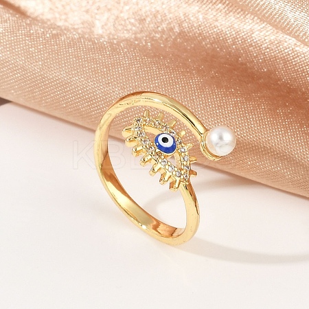 Evil Eye Brass Micro Pave Clear Cubic Zirconia Open Cuff Rings for Women. with ABS Plastic Imitation Pearl and Enamel RJEW-G343-20G-1