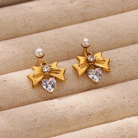 304 Stainless Steel Micro Pave Cubic Zirconia Bowknot Dangle Stud Earrings LS-EJEW-U065-03G-01-1