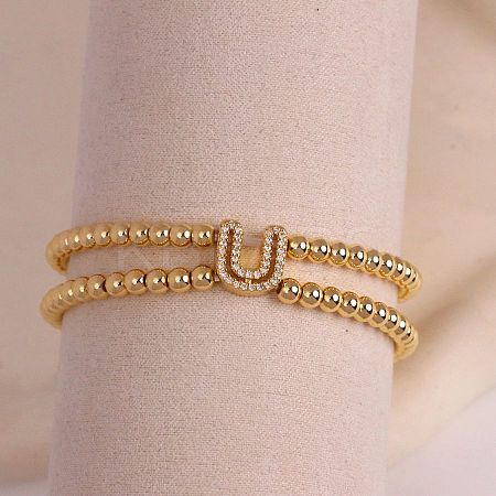 Brass Micro Pave Clear Cubic Zirconia Beads Double Strands Stretch Bracelets for Women FS-WGC7159-21-1