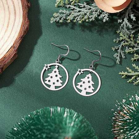 Ring with Christmas Tree 201 Stainless Steel Dangle Earrings EJEW-JE06578-1