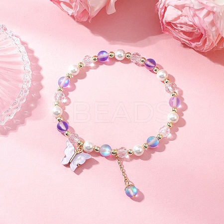 Frosted Dyed Synthetic Moonstone & Shell Pearl Round Beads Stretch Bracelets BJEW-JB11822-03-1