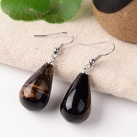 Natural Tiger Eye Teardrop Dangle Earrings EJEW-J086-05-1