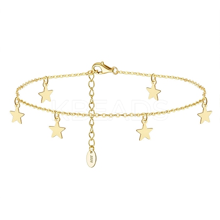 925 Sterling Silver Cable Chain Anklets with Star Charms for Women AJEW-F162-011G-1