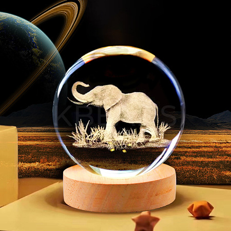 Glass 3D Laser Engraved Elephant Crystal Ball with Wood Stand ELEP-PW0001-67-1