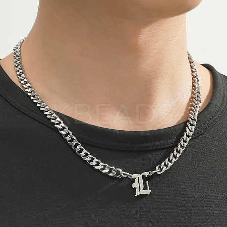 304 Stainless Steel Initial Pendant Cuban Link Chain Necklaces FS-WGB15F2-08-1