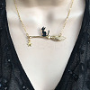 Halloween Alloy Black Cat with Broom Pendant Necklaces for Women FS-WGACF10-02-1