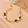 304 Stainless Steel Paperclip Chain Natural Tiger Eye Rondelle Beaded Bracelets for Women WGDB3B0-01-2