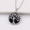 Natural Black Onyx(Dyed & Heated) Alloy Tree of Life Pendant Necklaces for Women Men FS-WG931AE-03-1