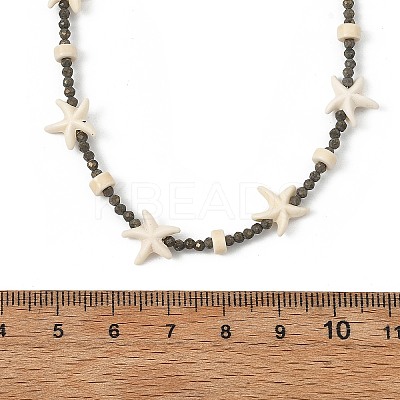 Ocean Faceted Round Natural Gold Pyrite & Synthetic Turquoise Starfish Beaded Necklaces NJEW-JN06308-1