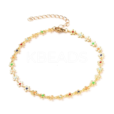 Brass Enamel Flower Link Chain Anklets AJEW-AN00316-1