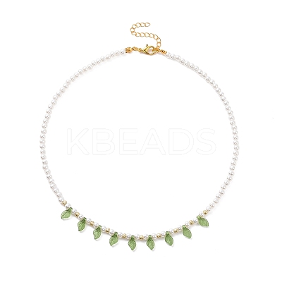 Acrylic Leaf Charm Necklace with Imitation Pearl Beaded for Women NJEW-JN04138-1