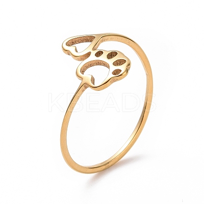 Ion Plating(IP) 201 Stainless Steel Paw Print and Heart Finger Ring RJEW-J051-27G-1