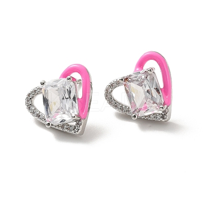 Left and Right Clear Cubic Zirconia Heart Stud Earrings with Enamel EJEW-C027-04P-1
