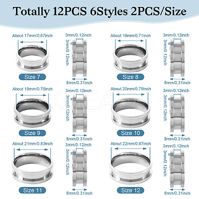 12Pcs 6 Styles 201 Stainless Steel Grooved Finger Ring Settings RJEW-TA0001-04P-1
