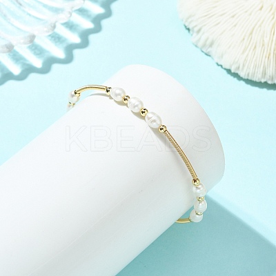 Rice Natural Cultured Freshwater Pearl & Brass Beaded Copper French Wired Bangles BJEW-JB13981-1