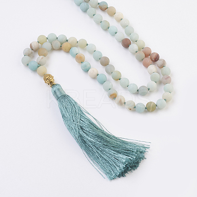 Natural Amazonite Buddha Mala Beads Necklaces NJEW-JN02129-03-1