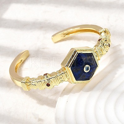 Hexagon Brass Pave Natural Lapis Lazuli & Cubic Zirconia Cuff Bangles for Women BJEW-Z172-01G-10-1