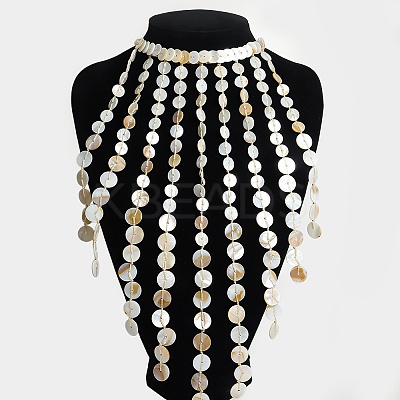 Woven Natural Shell Disc Tassel Bib Necklaces for Women WG912B9-01-1