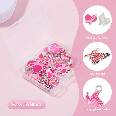 26Pcs 13 Styles Breast Cancer Pink Awareness Ribbon Theme Alloy Enamel Pendants ENAM-TA0001-93-1