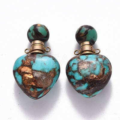 Heart Assembled Natural Bronzite and Synthetic Turquoise Openable Perfume Bottle Pendants G-R484-01B-1