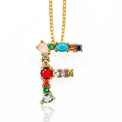 Golden Brass Micro Pave Cubic Zirconia Initial Pendants Necklaces NJEW-S069-JN002-F-1
