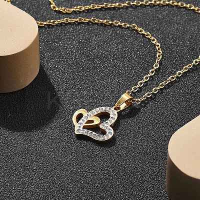 304 Stainless Steel Crystal Rhinestone Heart Pendant Cable Chain Necklaces for Women NJEW-Z056-01A-G-1