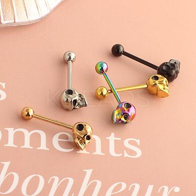 Skull 304 Stainless Steel Straight Barbell 15 Gauge Piercing Tongue Rings for Women Men FS-WG07D05-02-1