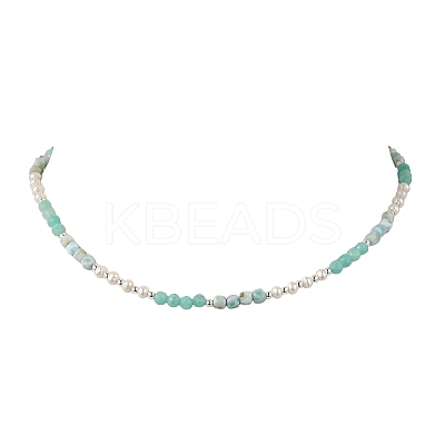 Faceted Round Natural Larimar and Pearl Beaded Necklaces NJEW-JN06409-01-1