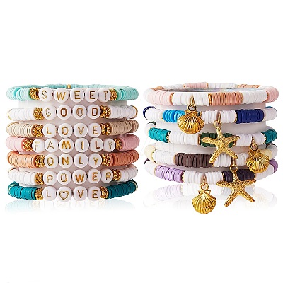 12Pcs 12 Style Handmade Polymer Clay Heisih Beaded Stretch Bracelets Set with Shell Starfish Charm BJEW-SW00035-1
