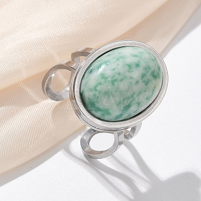 Oval Natural Green Spot Jasper Finger Rings RJEW-M062-02P-13-1
