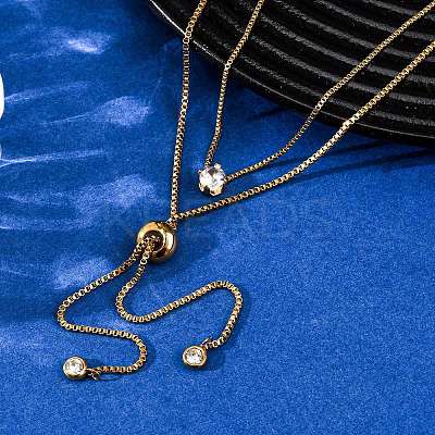 304 Stainless Steel Crystal Rhinestone Flat Round Box Chain Double Layer Slider Lariat Necklaces NJEW-K291-01G-1
