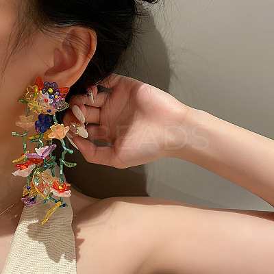Flower Alloy Glass Seed Beaded Dangle Stud Earrings FS-WGF7797-01-1